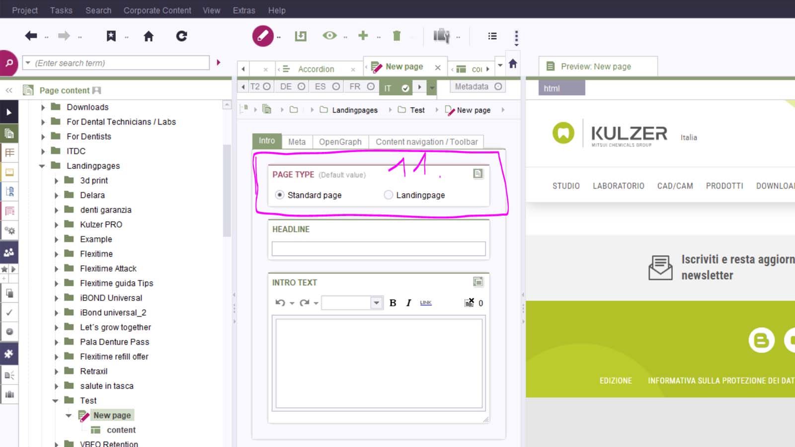 Creating new page in First Spirit