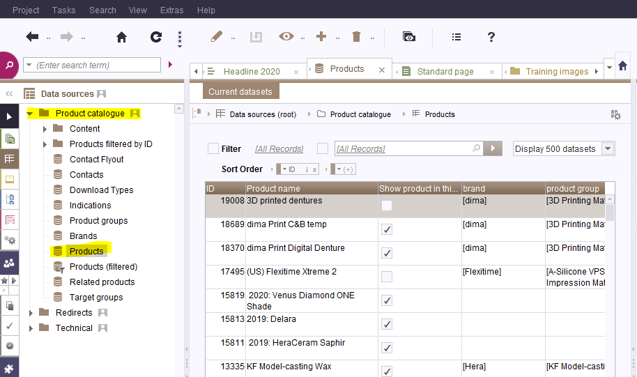 Products in the database